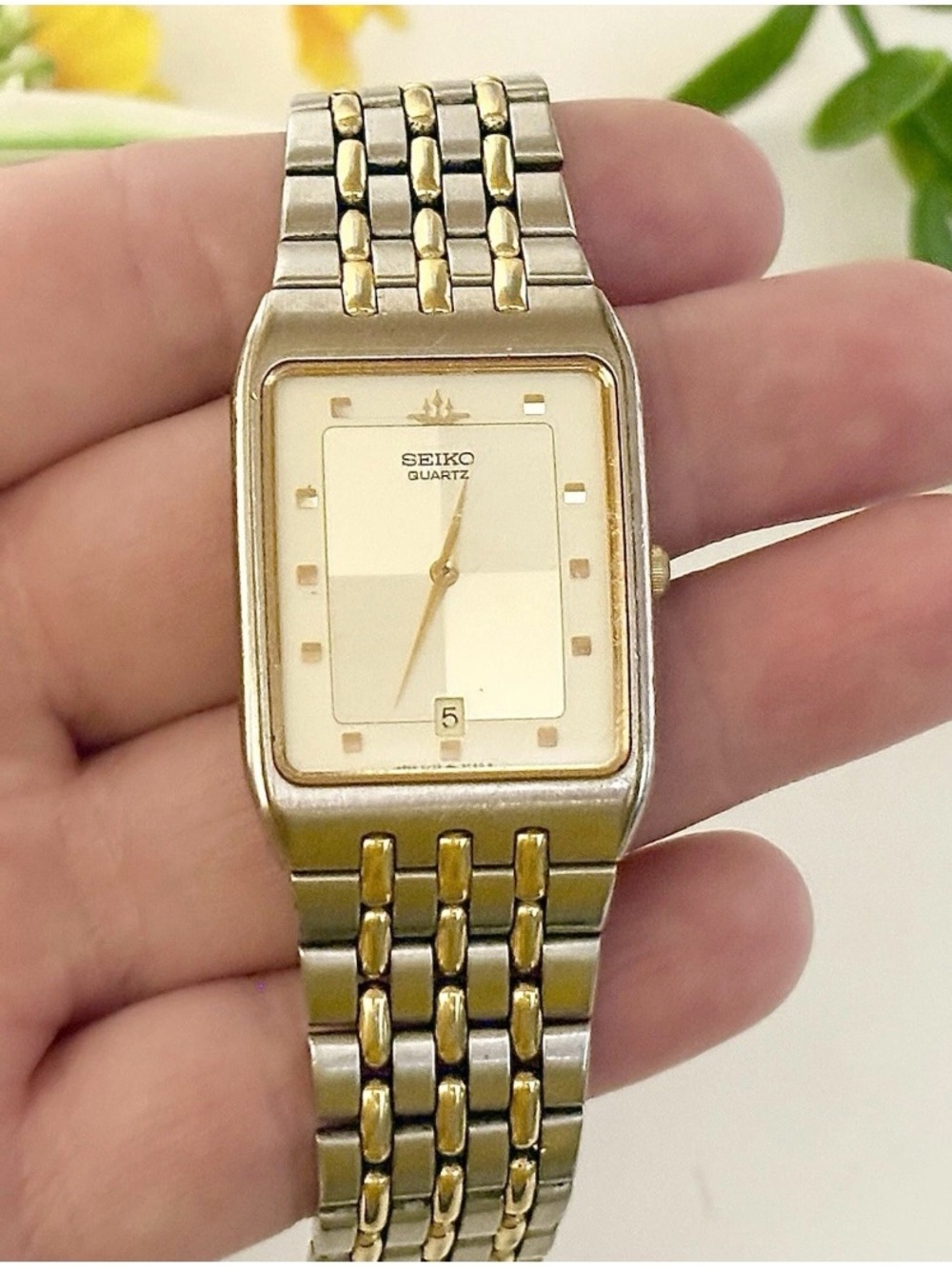 Rare Men’s Vintage Seiko Day/Date Gold/Silver Two-Tone Large Square Tank Watch